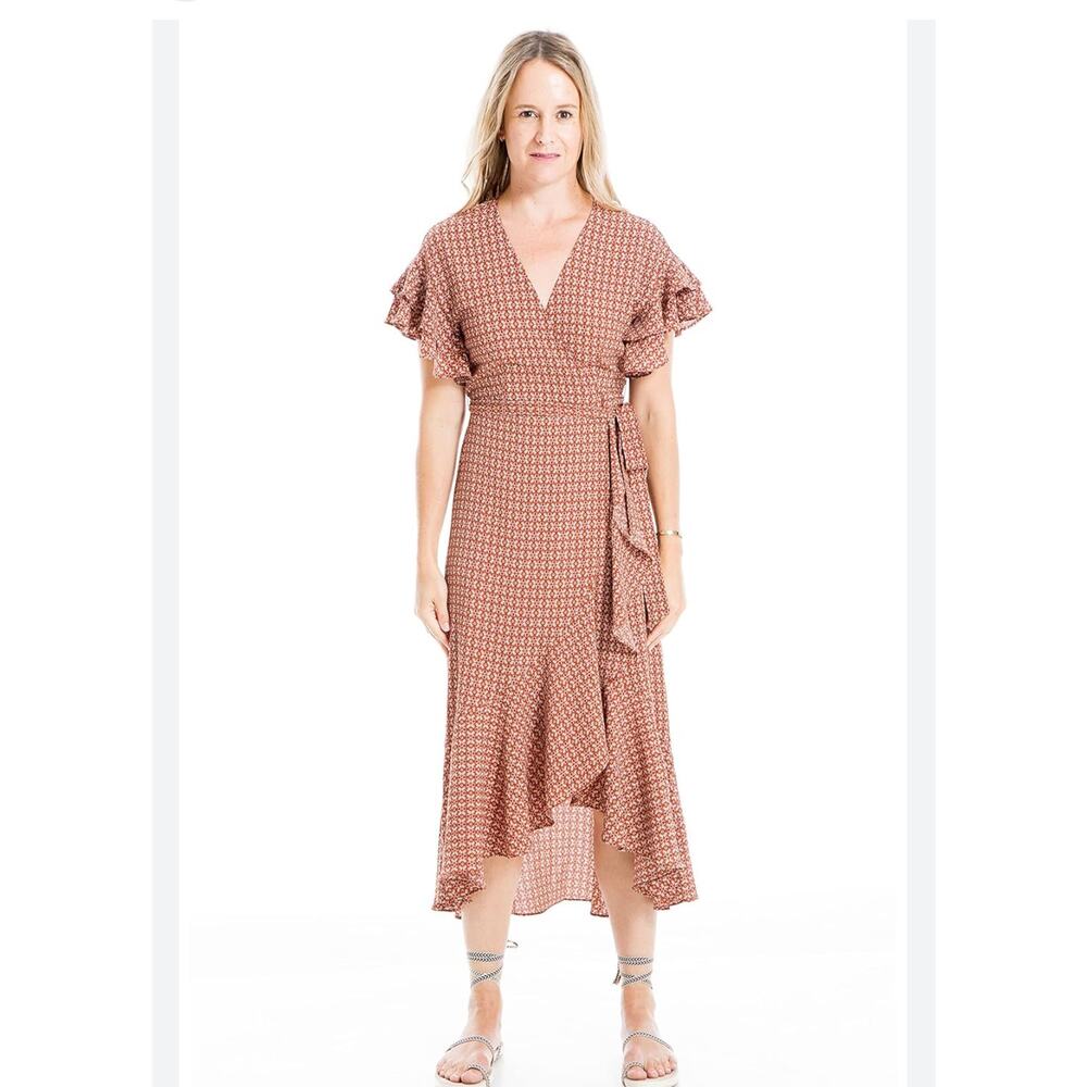 Max Studio rust geo print wrap dress XS flutter‎ sleeve belted midi